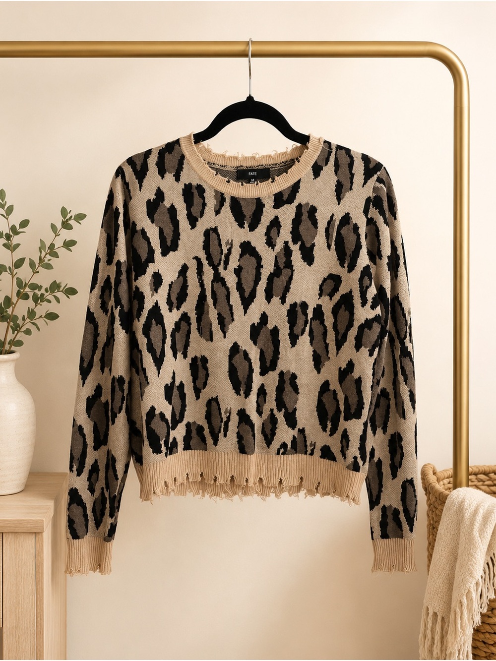 FATE Leopard Print Distressed Sweater Size M